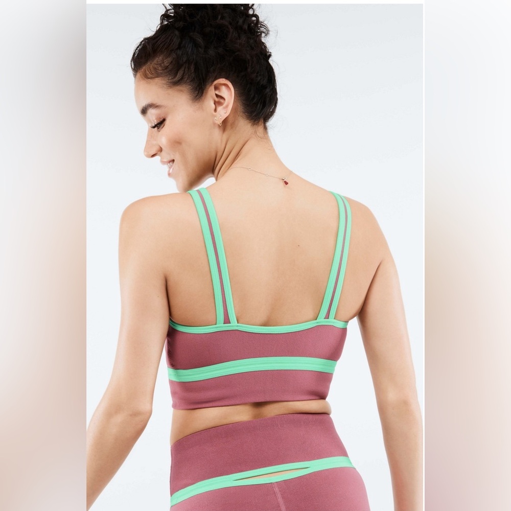 Fabletics Sculptknit High Waisted Cut Out Leggings and Bra Set, Pink & Green, 1X